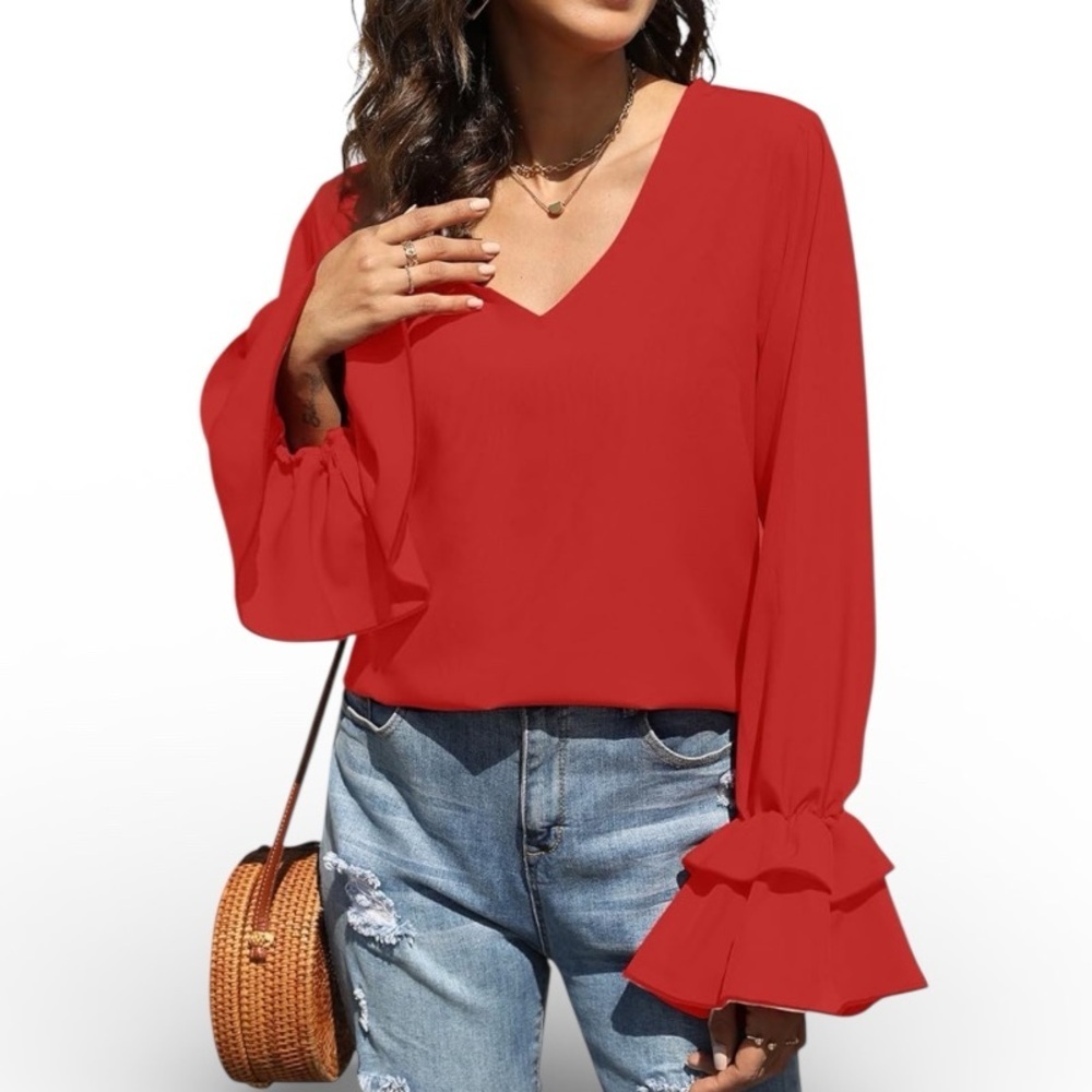 Lyaner Red V-Neck Long Sleeve Tiered Ruffle Cuff Blouse Size Large